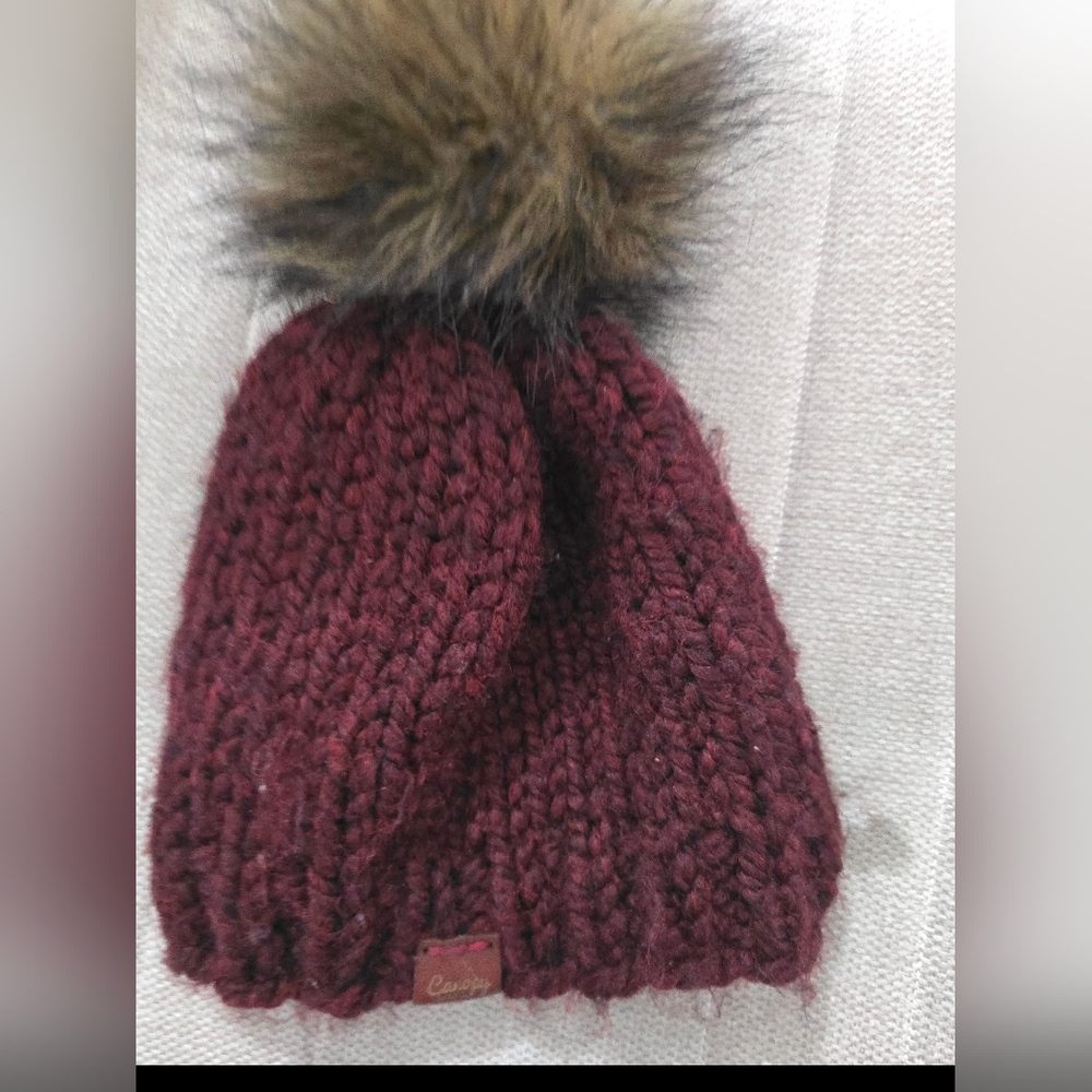 Canopy Supply Co. Burgundy Knit Beanie with Faux Fur Pom